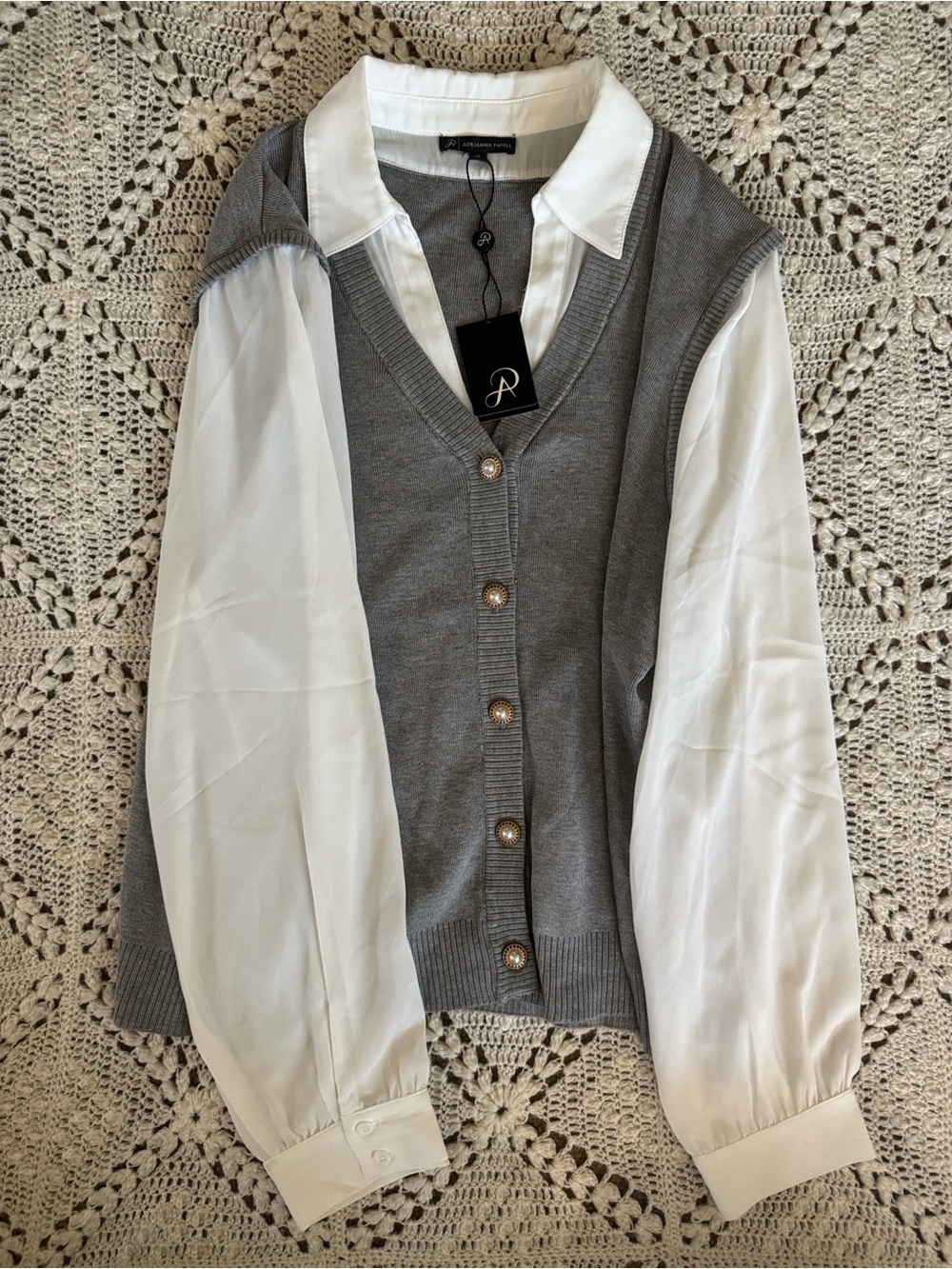 Adrianna Papell Gray Knit Vest with White Shirt-Style Sleeves